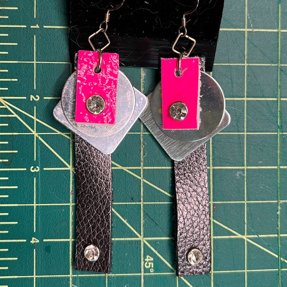 New Real Leather, Rhinestone Earrings w Sterling Hooks Neon Pink